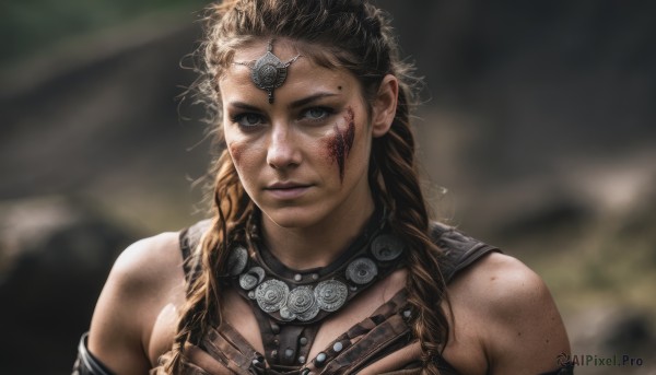 1girl,solo,long hair,looking at viewer,brown hair,bare shoulders,brown eyes,jewelry,upper body,braid,armor,blurry,twin braids,lips,grey eyes,blurry background,scar,portrait,freckles,circlet,realistic,dirty,black hair,blood,curly hair,blood on face