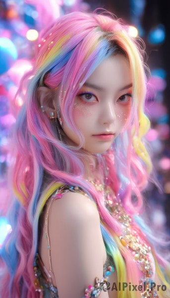 1girl,solo,long hair,looking at viewer,blush,bare shoulders,brown eyes,jewelry,closed mouth,upper body,pink hair,multicolored hair,earrings,sleeveless,artist name,necklace,blurry,black eyes,from side,lips,eyelashes,makeup,depth of field,blurry background,piercing,gem,ear piercing,web address,armlet,eyeshadow,freckles,realistic,nose,blue eyes,blonde hair,blue hair,star (symbol),two-tone hair,streaked hair,parted bangs,looking to the side,watermark,wavy hair,expressionless,lipstick,forehead,beads,pink lips,bokeh,mascara,pearl (gemstone)