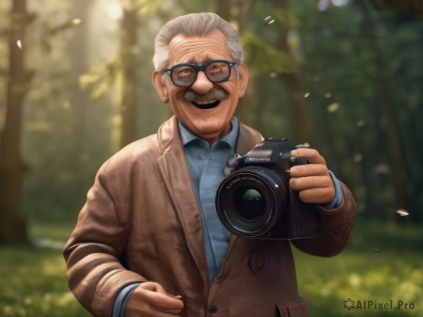 solo,looking at viewer,smile,open mouth,shirt,long sleeves,1boy,holding,jacket,upper body,white hair,grey hair,male focus,outdoors,glasses,day,collared shirt,blurry,tree,coat,buttons,depth of field,blurry background,facial hair,blue shirt,nature,forest,black-framed eyewear,hand in pocket,brown jacket,mustache,camera,old,brown coat,old man,falling leaves,holding camera,wrinkled skin,green eyes,:d,artist name,lips,dress shirt,grass,realistic