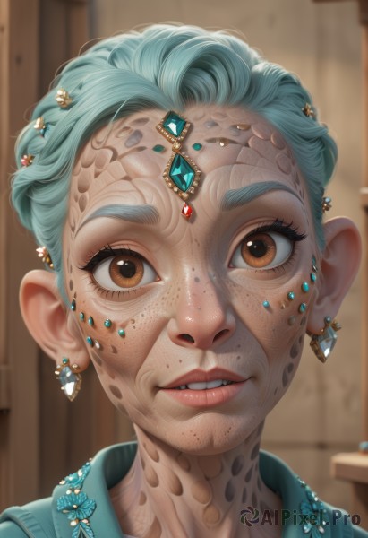 1girl,solo,looking at viewer,smile,short hair,hair ornament,brown eyes,jewelry,blue hair,earrings,parted lips,teeth,artist name,indoors,mole,blurry,lips,eyelashes,aqua hair,makeup,blurry background,gem,portrait,freckles,circlet,realistic,nose,mole on cheek,shell hair ornament