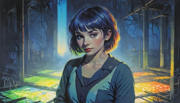 1girl,solo,looking at viewer,short hair,bangs,blue eyes,shirt,black hair,closed mouth,blue hair,collarbone,upper body,collared shirt,black eyes,vest,lips,makeup,bob cut,lipstick,nose,red lips,breasts,blush,jacket,outdoors,black shirt,blue shirt,scenery,realistic