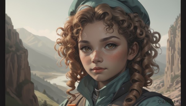 1girl,solo,long hair,looking at viewer,brown hair,hat,brown eyes,closed mouth,upper body,outdoors,parted lips,day,medium hair,dark-skinned female,lips,portrait,freckles,curly hair,mountain,realistic,nose,ringlets,pillarboxed,blush,bangs,jacket,sky,cloud,beret,zipper,high collar,green headwear