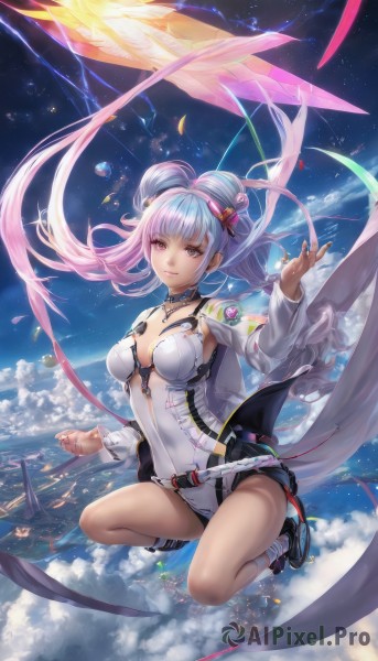 1girl,solo,long hair,breasts,looking at viewer,smile,bangs,hair ornament,long sleeves,cleavage,twintails,jewelry,medium breasts,very long hair,closed mouth,blue hair,jacket,full body,pink hair,purple hair,multicolored hair,boots,parted lips,open clothes,sky,shoes,choker,day,socks,belt,cloud,pink eyes,water,hair bun,nail polish,high heels,two-tone hair,leotard,open jacket,double bun,floating hair,ring,star (sky),flying,city,white leotard,cityscape,planet,above clouds,purple eyes,blue sky,lips,heterochromia,cloudy sky,floating,starry sky,science fiction,space