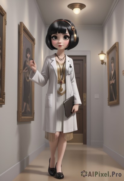 1girl,solo,looking at viewer,blush,short hair,bangs,black hair,long sleeves,dress,holding,jewelry,closed mouth,standing,full body,hairband,open clothes,shoes,solo focus,indoors,blunt bangs,necklace,black footwear,white dress,black eyes,makeup,shadow,headphones,bob cut,mirror,labcoat,red lips,clipboard,stethoscope,doctor,lips,book,door,no socks,ceiling light