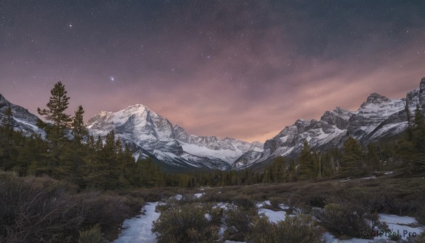 outdoors,sky,cloud,water,tree,no humans,night,grass,star (sky),nature,night sky,scenery,snow,forest,starry sky,reflection,mountain,winter,bare tree,river,landscape,mountainous horizon,lake,gradient sky,pine tree,rock