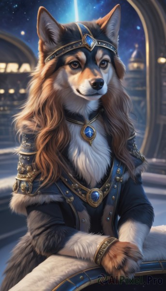 1girl,solo,long hair,looking at viewer,smile,brown hair,brown eyes,jewelry,sitting,tail,outdoors,sky,belt,sword,artist name,signature,necklace,armor,blurry,bracelet,fur trim,no humans,night,blurry background,brooch,gem,star (sky),night sky,furry,starry sky,dog,fantasy,furry female,upper body,animal,watermark,shoulder armor,pendant,animal focus