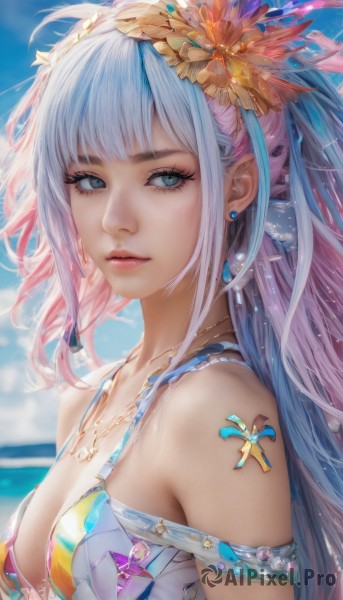 1girl,solo,long hair,breasts,looking at viewer,bangs,blue eyes,hair ornament,cleavage,bare shoulders,jewelry,medium breasts,closed mouth,blue hair,collarbone,swimsuit,upper body,pink hair,flower,white hair,bikini,multicolored hair,earrings,outdoors,parted lips,sky,day,artist name,cloud,hair flower,necklace,blurry,from side,two-tone hair,blue sky,lips,streaked hair,looking to the side,eyelashes,tattoo,gradient hair,makeup,blurry background,ocean,piercing,feathers,gem,armlet,eyeshadow,realistic,nose,mascara,multicolored bikini,shell necklace,ponytail,sidelocks,water,cloudy sky,bikini top only,multicolored clothes,pink lips