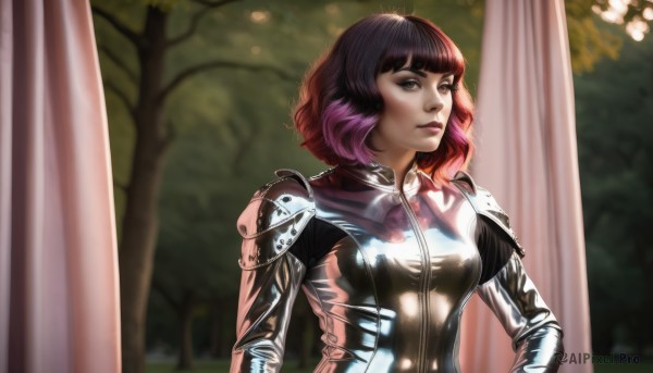 1girl,solo,breasts,looking at viewer,short hair,bangs,black hair,brown eyes,medium breasts,closed mouth,upper body,pink hair,purple hair,multicolored hair,blunt bangs,medium hair,armor,blurry,two-tone hair,tree,lips,bodysuit,gradient hair,makeup,blurry background,curtains,shoulder armor,nature,forest,pauldrons,realistic,nose,red hair,outdoors,cape,looking to the side,sunlight,science fiction,pillar