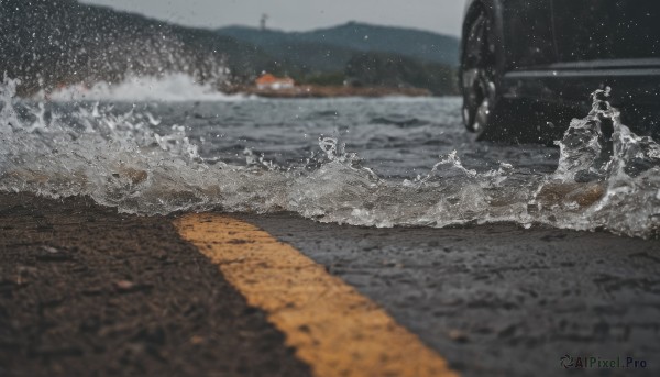 outdoors,sky,water,blurry,no humans,depth of field,blurry background,ocean,beach,ground vehicle,scenery,motor vehicle,snow,realistic,car,watercraft,splashing,vehicle focus,waves,photo background,grey sky,military,military vehicle