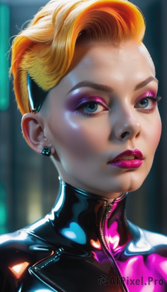 1girl,solo,looking at viewer,short hair,blue eyes,blonde hair,jewelry,closed mouth,multicolored hair,earrings,orange hair,blurry,two-tone hair,lips,eyelashes,bodysuit,makeup,blurry background,piercing,lipstick,ear piercing,portrait,eyeshadow,zipper,asymmetrical hair,realistic,nose,black bodysuit,stud earrings,eyeliner,undercut,mascara,latex bodysuit,upper body,parted lips,shiny,skin tight,close-up,shiny clothes,latex