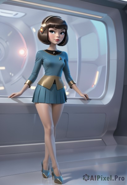 1girl,solo,breasts,looking at viewer,short hair,bangs,blue eyes,skirt,brown hair,shirt,black hair,standing,full body,pleated skirt,small breasts,shoes,miniskirt,blunt bangs,high heels,lips,blue skirt,makeup,headphones,watermark,bob cut,crossed legs,robot,lipstick,web address,reflection,science fiction,nose,smile,long sleeves,holding,brown eyes,closed mouth,pantyhose,looking to the side,eyelashes,blue shirt,mecha,crossed ankles,aqua skirt