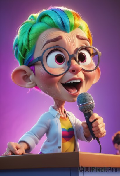 1girl,solo,blush,smile,short hair,open mouth,blonde hair,simple background,shirt,red eyes,long sleeves,1boy,holding,blue hair,jacket,upper body,pink hair,:d,multicolored hair,sweat,green hair,open clothes,glasses,teeth,solo focus,artist name,pink eyes,blurry,two-tone hair,gradient,gradient background,upper teeth only,watermark,child,microphone,multicolored clothes,freckles,purple background,black-framed eyewear,yellow shirt,nose,round teeth,music,female child,holding microphone,singing,buck teeth,rainbow hair,male child