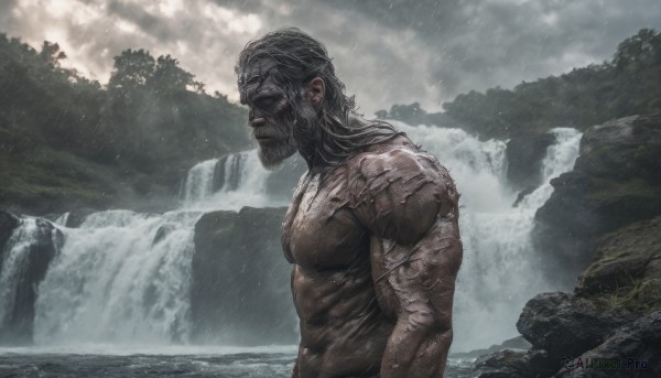 solo, long hair, black hair, 1boy, upper body, male focus, outdoors, sky, cloud, water, from side, tree, muscular, facial hair, cloudy sky, nature, beard, rain, mountain, waterfall