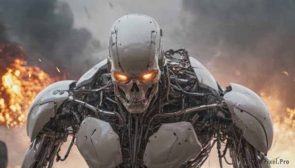 solo,looking at viewer,1boy,upper body,orange eyes,no humans,glowing,fire,robot,mecha,glowing eyes,smoke,science fiction,skull,cable,explosion,damaged,embers,mechanical parts,burning,humanoid robot,sparks,realistic,debris