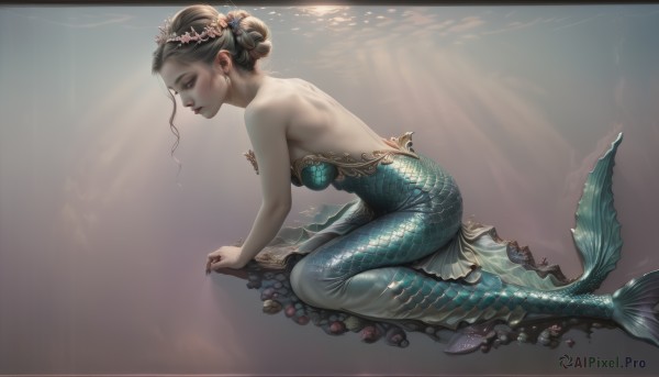 1girl,solo,long hair,breasts,blue eyes,black hair,hair ornament,dress,bare shoulders,jewelry,medium breasts,sitting,full body,earrings,from side,lips,gradient,strapless,back,sunlight,monster girl,underwater,backless outfit,realistic,bare back,scales,backless dress,mermaid,fins,brown hair,flower,hair flower,hair bun,profile,looking down,single hair bun,shell,pearl (gemstone),shell bikini