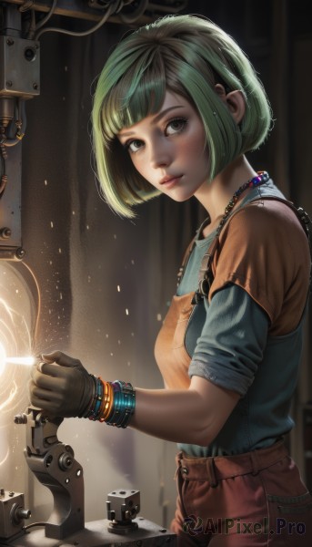 1girl,solo,breasts,looking at viewer,short hair,bangs,shirt,gloves,brown eyes,jewelry,closed mouth,standing,short sleeves,multicolored hair,cowboy shot,green hair,black gloves,pants,artist name,indoors,blunt bangs,necklace,blurry,black eyes,bracelet,from side,lips,grey eyes,eyelashes,bob cut,blue shirt,brown gloves,sleeves rolled up,freckles,beads,realistic,nose,overalls,cable,wrench,sparks,belt,sunlight,t-shirt,light particles,backlighting,light rays,light,mascara