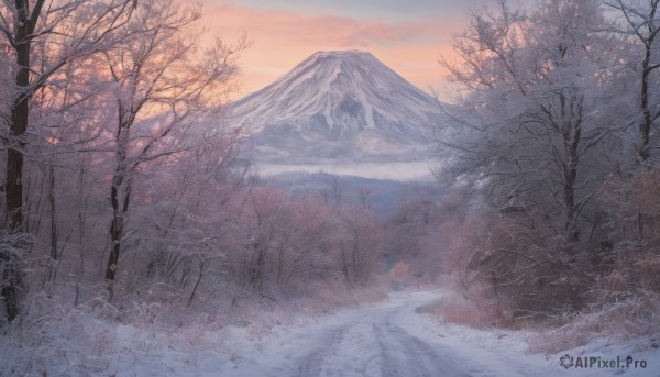 outdoors,sky,cloud,tree,no humans,grass,nature,scenery,snow,forest,sunset,mountain,winter,bare tree,landscape,mountainous horizon,fog,gradient sky,orange sky,pine tree,leaf,branch