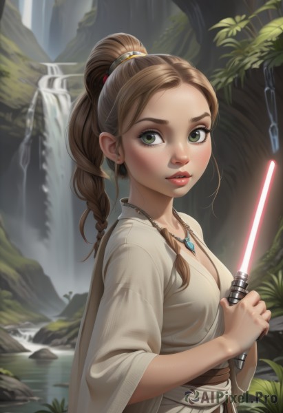 1girl,solo,long hair,breasts,looking at viewer,brown hair,holding,cleavage,jewelry,medium breasts,green eyes,upper body,ponytail,weapon,braid,earrings,outdoors,parted lips,sword,artist name,signature,wide sleeves,water,necklace,holding weapon,lips,single braid,holding sword,nature,freckles,robe,nose,waterfall,energy sword,lightsaber,blush,long sleeves,sash,pendant,realistic