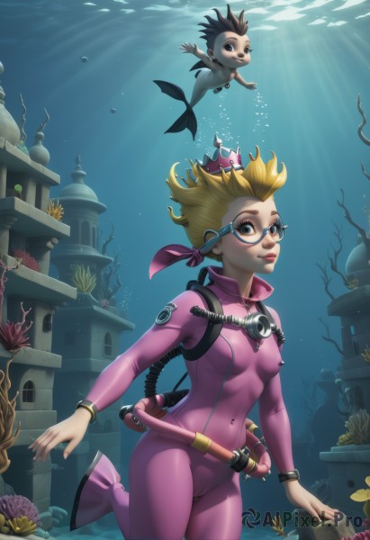 1girl,breasts,looking at viewer,short hair,blue eyes,blonde hair,black hair,1boy,jewelry,medium breasts,closed mouth,small breasts,glasses,solo focus,belt,artist name,signature,water,black eyes,lips,bodysuit,covered navel,floating hair,cameltoe,ocean,animal,sunlight,crown,goggles,skin tight,buckle,fish,bubble,light rays,pink lips,underwater,air bubble,sunbeam,ruins,shell,swimming,submerged,pink bodysuit,shark,diving mask,caustics,freediving,coral,wetsuit,seaweed,solo,boots,bracelet,covered nipples,freckles,snorkel