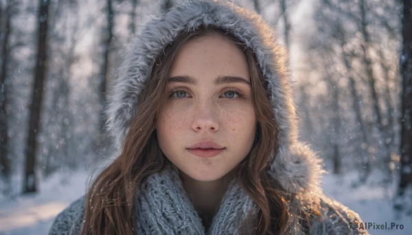 1girl,solo,long hair,looking at viewer,blue eyes,brown hair,closed mouth,outdoors,day,hood,blurry,tree,lips,coat,fur trim,depth of field,blurry background,portrait,nature,snow,hood up,forest,freckles,snowing,realistic,nose,winter clothes,winter,smile,bangs,parted lips,thick eyebrows,close-up,bare tree