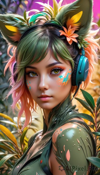 1girl,solo,breasts,looking at viewer,short hair,bangs,black hair,hair ornament,animal ears,cleavage,medium breasts,closed mouth,green eyes,yellow eyes,upper body,flower,multicolored hair,green hair,artist name,cat ears,signature,hair flower,blurry,from side,two-tone hair,lips,animal ear fluff,fox ears,eyelashes,gradient hair,makeup,headphones,leaf,watermark,facial mark,plant,lipstick,slit pupils,portrait,eyeshadow,freckles,pink lips,nose,eyeliner,whisker markings,mascara,brown eyes,facepaint