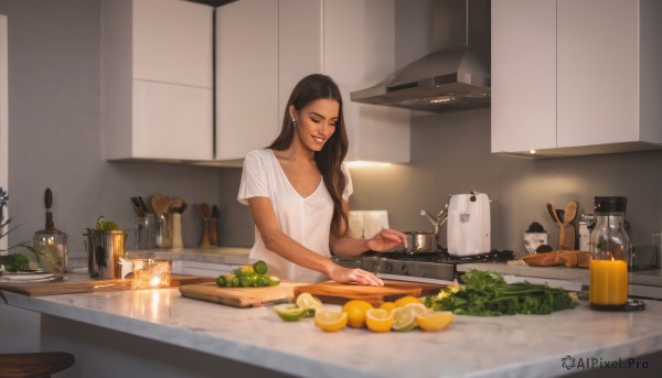 1girl,solo,long hair,breasts,smile,brown hair,shirt,black hair,jewelry,collarbone,closed eyes,white shirt,upper body,flower,short sleeves,earrings,food,teeth,indoors,dark skin,dark-skinned female,cup,lips,fruit,table,bottle,knife,plant,t-shirt,plate,holding knife,carrot,cooking,ladle,kitchen,lemon,vegetable,frying pan,sink,spatula,refrigerator,cabinet,stove,lettuce,potato,kitchen knife,cutting board,onion,salad,holding,makeup,ring,lipstick,bowl,realistic,nose,orange (fruit),jar,banana,kettle