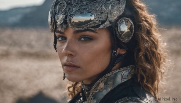 1girl,solo,long hair,looking at viewer,blonde hair,brown hair,brown eyes,outdoors,parted lips,armor,blurry,lips,blurry background,wavy hair,helmet,goggles,portrait,curly hair,realistic,nose,black hair,jewelry,earrings,sky,day,depth of field,close-up,mountain