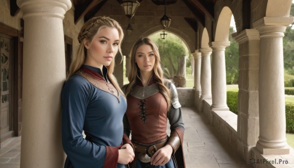 long hair,breasts,looking at viewer,smile,blue eyes,multiple girls,blonde hair,brown hair,long sleeves,dress,2girls,brown eyes,jewelry,medium breasts,braid,outdoors,day,belt,necklace,armor,tree,lips,blue dress,shoulder armor,french braid,pauldrons,realistic,fantasy,pillar,arch,column,parted lips,cape,siblings,sunlight