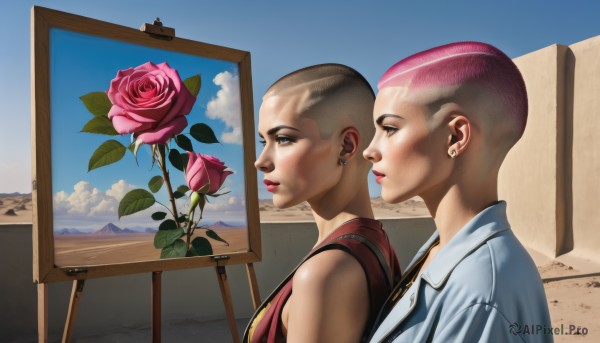 1girl,short hair,multiple girls,1boy,2girls,jewelry,upper body,pink hair,flower,earrings,sky,day,cloud,from side,blue sky,lips,profile,makeup,rose,lipstick,pink flower,dual persona,realistic,very short hair,undercut,pink rose,painting (object),portrait (object),outdoors,sleeveless,leaf,piercing,red flower,red rose,mohawk,painting (action)