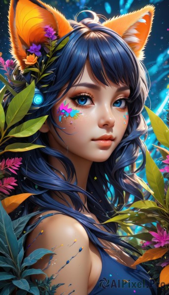 1girl,solo,long hair,breasts,looking at viewer,bangs,blue eyes,hair ornament,animal ears,cleavage,bare shoulders,medium breasts,closed mouth,blue hair,upper body,flower,hairband,shiny,artist name,cat ears,hair flower,blurry,from side,lips,eyelashes,makeup,swept bangs,leaf,facial mark,tank top,plant,lipstick,portrait,eyeshadow,freckles,pink lips,nose,purple flower,eyeliner,whisker markings,facepaint,orange flower,mascara,shirt,black hair,sleeveless,looking to the side,fox ears,sleeveless shirt,headphones,wavy hair,blue shirt,light particles,pink flower,blue flower,morning glory