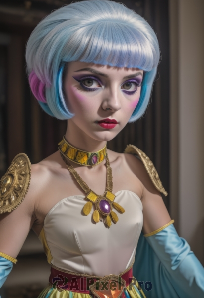 1girl,solo,breasts,looking at viewer,short hair,bangs,dress,bare shoulders,brown eyes,jewelry,closed mouth,blue hair,collarbone,upper body,pink hair,white hair,grey hair,multicolored hair,small breasts,detached sleeves,choker,artist name,blunt bangs,necklace,white dress,blurry,two-tone hair,lips,grey eyes,eyelashes,makeup,blurry background,bob cut,lipstick,gem,eyeshadow,eyeliner,mascara,blush,armor,shoulder armor,realistic,nose,shoulder pads,neck ring