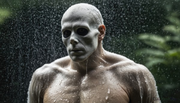 solo,looking at viewer,1boy,upper body,male focus,blurry,wet,mask,muscular,blurry background,rain,water drop,realistic,bald,manly,no pupils,chest hair,closed mouth,pectorals,muscular male,shaded face,bara,snowing