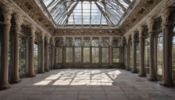 outdoors,sky,day,cloud,indoors,tree,blue sky,no humans,window,shadow,sunlight,scenery,light rays,stairs,architecture,ruins,pillar,arch,column,plant,tile floor,ceiling