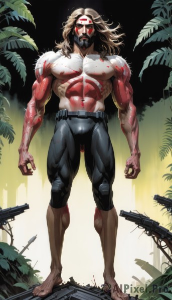 solo,long hair,looking at viewer,blonde hair,brown hair,red eyes,1boy,navel,nipples,standing,full body,weapon,male focus,thighs,barefoot,belt,pants,tree,gun,blood,mask,muscular,glowing,facial hair,thick thighs,black pants,abs,pectorals,plant,muscular male,bara,glowing eyes,beard,large pectorals,veins,bulge,topless male,blood on face,mature male,mustache,arms at sides,tight,manly,leggings,biceps,blood on hands,thick arms,leaf,handgun