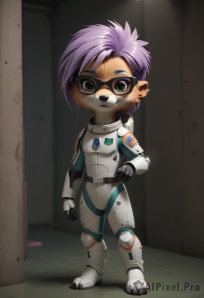 1girl,solo,looking at viewer,short hair,1boy,animal ears,green eyes,standing,full body,purple hair,male focus,glasses,chibi,armor,bodysuit,furry,furry female,furry male,breasts,smile,bangs,gloves,closed mouth,tail,boots,shiny,belt,artist name,indoors,signature,shiny hair,fox ears,fox tail,watermark,goggles,fox girl,web address,armored boots,body fur,white fur,animal nose,brown fur,two-tone fur