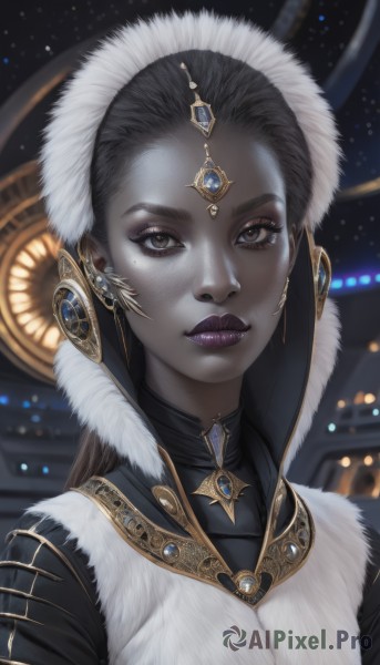 1girl,solo,long hair,looking at viewer,brown hair,black hair,brown eyes,jewelry,closed mouth,upper body,earrings,dark skin,mole,blurry,dark-skinned female,lips,fur trim,eyelashes,makeup,blurry background,colored skin,lipstick,gem,portrait,eyeshadow,fur collar,realistic,nose,forehead jewel,purple lips,black lips,artist name,mole under eye,headdress,grey skin,very dark skin