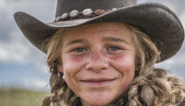 1girl,solo,long hair,looking at viewer,smile,blue eyes,blonde hair,1boy,hat,closed mouth,braid,male focus,outdoors,sky,day,cloud,blurry,lips,grey eyes,black headwear,depth of field,blurry background,portrait,freckles,curly hair,realistic,cowboy hat,twin braids,cloudy sky,nose,brown headwear