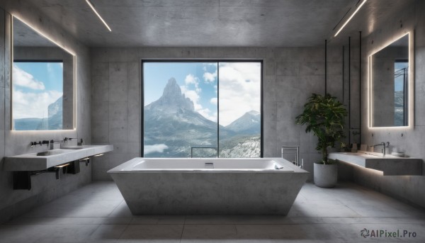 sky,day,cloud,indoors,tree,blue sky,no humans,window,table,cloudy sky,plant,curtains,scenery,mirror,mountain,tiles,potted plant,bathroom,bathtub,mountainous horizon,sink,faucet,chair,wooden floor,tile floor,stool,kitchen