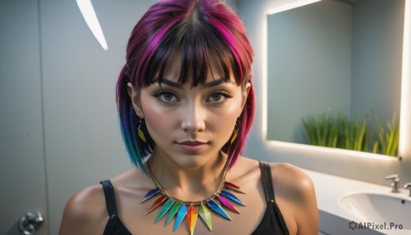 1girl,solo,looking at viewer,short hair,bangs,black hair,bare shoulders,brown eyes,jewelry,closed mouth,upper body,pink hair,purple hair,multicolored hair,earrings,indoors,necklace,black eyes,two-tone hair,dark-skinned female,lips,grey eyes,tank top,portrait,freckles,realistic,nose,bathroom,bathtub,sink,streaked hair,mirror,dirty