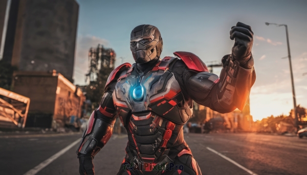 solo,gloves,1boy,upper body,male focus,outdoors,sky,black gloves,armor,blurry,bodysuit,mask,blurry background,glowing,helmet,ground vehicle,building,clenched hand,motor vehicle,city,car,road,lamppost,superhero,power armor,photo background,tokusatsu,muscular,glowing eyes,science fiction,sunset,realistic,street