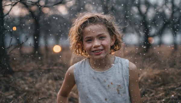 1girl,solo,looking at viewer,smile,short hair,open mouth,blonde hair,brown hair,shirt,jewelry,white shirt,upper body,outdoors,teeth,sleeveless,tongue,dark skin,blurry,black eyes,dark-skinned female,tree,lips,sleeveless shirt,blurry background,tank top,child,snow,curly hair,snowing,realistic,female child,white tank top,dirty,bokeh,dirty face,dirty clothes,grin,blood,wind,freckles,blood on face,blood on clothes