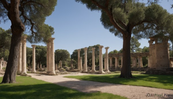 outdoors,sky,day,tree,blue sky,no humans,grass,building,nature,scenery,road,bush,ruins,pillar,path,column,cloud,plant,architecture,statue,arch