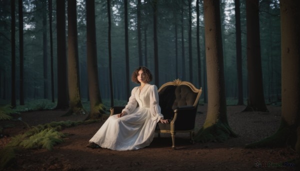 1girl,solo,short hair,bangs,brown hair,black hair,long sleeves,dress,sitting,closed mouth,full body,closed eyes,outdoors,white dress,tree,chair,sunlight,nature,scenery,forest,skirt hold,long dress,wide shot,throne,armchair,grass,plant,robe,fine art parody