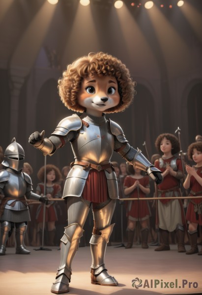 1girl,looking at viewer,smile,multiple girls,brown hair,holding,brown eyes,standing,full body,weapon,boots,multiple boys,solo focus,sword,indoors,holding weapon,armor,6+girls,helmet,shoulder armor,gauntlets,child,furry,curly hair,pauldrons,breastplate,furry female,armored boots,dancing,greaves,multiple others,faulds,knight,full armor,crowd,spotlight,afro,people,chainmail,plate armor,short hair,pointing,music,singing