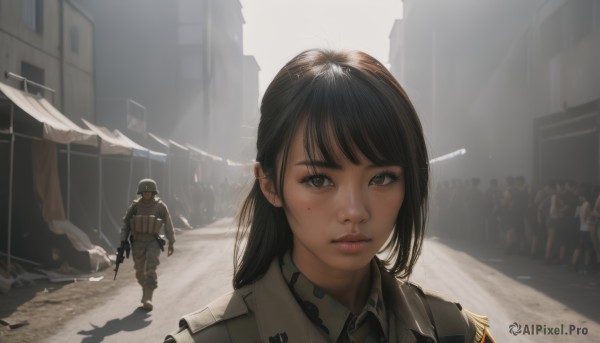 1girl,long hair,looking at viewer,bangs,brown hair,shirt,black hair,gloves,holding,brown eyes,jacket,weapon,outdoors,parted lips,multiple boys,necktie,solo focus,collared shirt,holding weapon,mole,uniform,lips,gun,military,mole under eye,military uniform,helmet,building,holding gun,rifle,walking,6+boys,realistic,assault rifle,soldier,1boy,shadow,sunlight,road