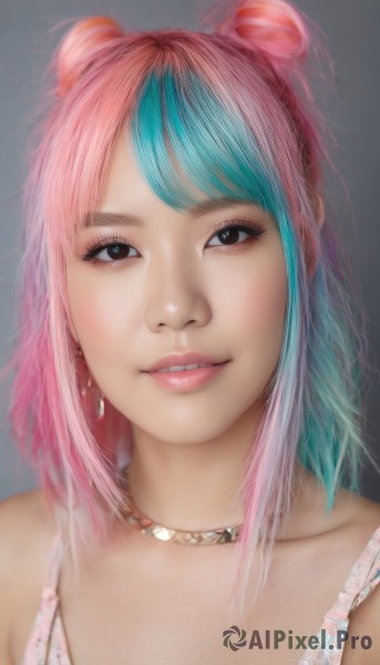 1girl,solo,long hair,looking at viewer,smile,bangs,simple background,bare shoulders,brown eyes,jewelry,underwear,blue hair,collarbone,upper body,pink hair,multicolored hair,earrings,parted lips,teeth,grey background,necklace,hair bun,bra,blurry,black eyes,two-tone hair,lips,double bun,aqua hair,makeup,portrait,realistic,choker