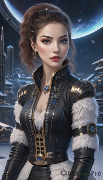 1girl,solo,long hair,breasts,looking at viewer,brown hair,long sleeves,cleavage,brown eyes,jewelry,medium breasts,upper body,ponytail,earrings,parted lips,belt,necklace,lips,grey eyes,fur trim,makeup,moon,lipstick,star (sky),forehead,pendant,freckles,realistic,nose,red lips,space,planet,hair pulled back,earth (planet),jacket,artist name,piercing,ear piercing