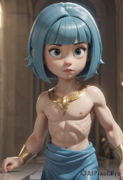 1girl,solo,looking at viewer,short hair,bangs,blue eyes,1boy,navel,jewelry,closed mouth,nipples,blue hair,standing,collarbone,male focus,cowboy shot,indoors,blunt bangs,necklace,blurry,black eyes,flat chest,bracelet,lips,loli,makeup,muscular,blurry background,abs,bob cut,aged down,pectorals,child,toned,topless male,female child,bracer,male child,artist name,watermark,genderswap,freckles,realistic,nose,ribs