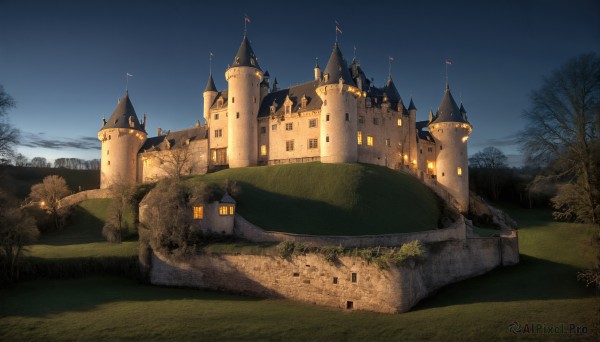 HQ,outdoors,sky,day,cloud,tree,blue sky,no humans,night,grass,building,nature,night sky,scenery,forest,fantasy,road,bare tree,castle,tower,path,church,signature,water,bush,bridge