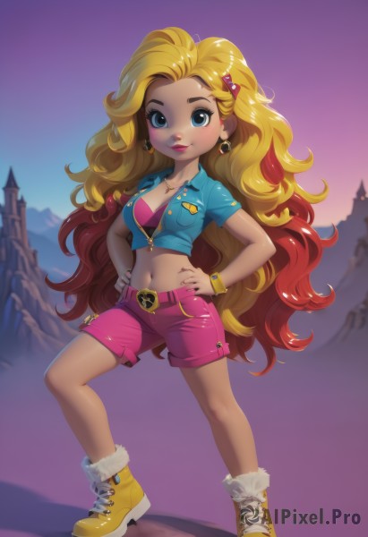 1girl,solo,long hair,breasts,looking at viewer,smile,blue eyes,blonde hair,shirt,hair ornament,navel,cleavage,jewelry,medium breasts,very long hair,underwear,standing,full body,short sleeves,red hair,multicolored hair,earrings,boots,shoes,shorts,hairclip,midriff,belt,necklace,nail polish,bra,bracelet,two-tone hair,lips,crop top,short shorts,gradient hair,makeup,wavy hair,blue shirt,lipstick,sneakers,eyeshadow,cropped jacket,purple background,curly hair,pocket,hands on hips,pink bra,red lips,breast pocket,yellow footwear,pink shorts,mole,fur trim,mole under mouth,buckle,pink nails,pink lips